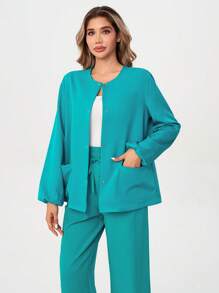 TaskEZ Women Scrubs Relaxed Fit 2-Pocket Snap-Front Scrub Jacket For Women Women's Spring And Autumn Solid Color Lantern Sleeve Double Pocket  Workwear Jacket Scrubs Uniform - Mint Green - View 6