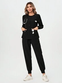 TaskEZ Conjunto de uniforme con frente abotonado, camisa de manga larga con bolsillos y pantalones