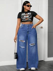 SHEIN ICON Plus Size Women's Loose-Fit Casual Denim Wide-Leg Pants With Ripped Design And Pockets - Dark Wash - View 3