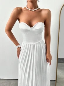 EURMUSE Váy quây màu sắc thanh lịch Corset eo xếp li chắp vá - trắng - Xem 8