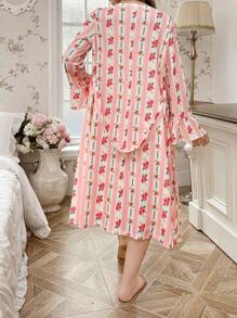 Romantic Floral Print Ruffle Hem Cami Nightgown And Robe Set, Countryside Style - Pink - View 3