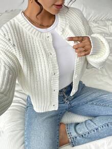 Chiquease Buttoned Diagonal Hollow Out Chunky Knitted Long Sleeve Cardigan - White - View 5
