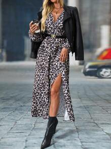 SHEIN Clasi Women's Casual Leopard Printed High Waist Slit Dress, Spring/Fall Maxi Women Outfit