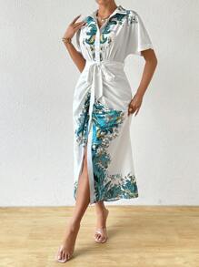 Chiquease Resort & Casual in hoa tay áo cánh dơi cài cúc phía trước váy dài xếp nếp - Nhiều màu - Xem 4