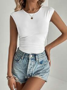 SHEIN Tall Women's Round Neck Solid Color Bodysuit - White - View 4