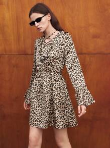 BizChic Đầm công sở in họa tiết da báo dài tay có cổ xếp nếp lưng thun cho nữ công sở - Nhiều màu - Xem 3