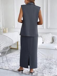 Chiquease Women's Solid Color Simple Daily Wear Sleeveless Top, Skirt And Suit Set - Grey - View 2
