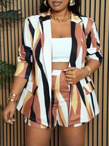 Slaydiva Commuting & Casual Plus Size Women's Printed Multicolor Suit Jacket And Casual Shorts Two-Piece Set - Multicolor - View 9