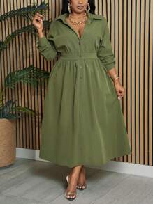 Slaydiva Plus Size Elegant & Commuting & Daily Wear Half-Opening Green Shirt Style Long Dress With Waist Belt, Spring & Autumn - Army Green - View 3