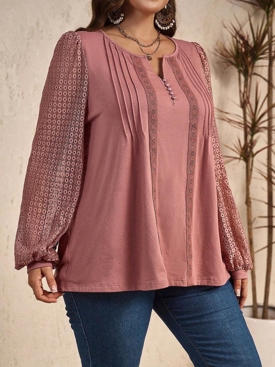 Plus Size Women's Spring/Summer Loose Fit Lace Splice Notched V-Neck Long Sleeve T-Shirt