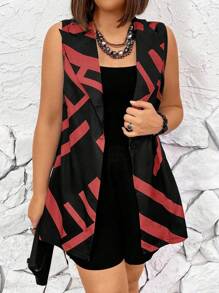 SHEIN Clasi Random Printed Plus Size Women's Geometric Print Sleeveless Blazer And Solid Color Shorts Summer Casual Set - Red - View 1