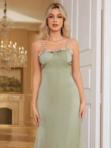 SHEIN Belle Flower Decorated Simple & Elegant Daily Wear Strappy Dress, Bridesmaid Dress - Green - View 5