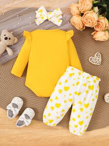 SHEIN 3 piezas Sets de ropa de cama bordados para bebé niña, ropa de primavera y otoño - Amarillo - Ver 2