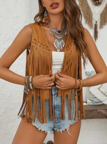 SHEIN VCAY Chaqueta sin mangas con flecos y tachuelas para mujer para otoño/invierno - Camel - Ver 4