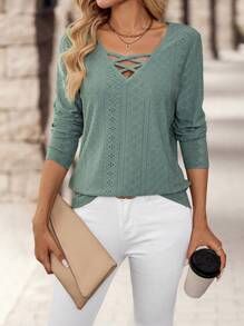 EMERY ROSE Women's Spring/Summer Solid Color Cross Neck Long Sleeve Casual T-Shirt - Green - View 3