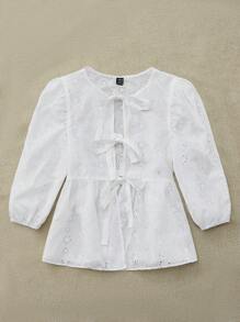 SHEIN VCAY Vải thêu ren màu trơn cổ tròn tay phồng buộc dây phía trước Áo sơ mi nữ, buộc dây phía trước, áo ren - trắng - Xem 5
