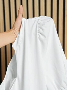 Slaydiva Plus Size Đầm chữ A kiểu dáng babydoll màu trắng thanh lịch & giản dị có miếng vá nhiều lớp, tay áo ngắn kiểu đèn lồng và viền bất đối xứng, vải dệt mỏng cho nữ, Xuân & Hè - Z - trắng - Xem 8