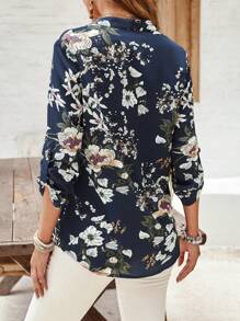 EMERY ROSE 女士假期花卉印花有開口的V領卷邊寬鬆上衣 - 藍色 - 查看 2