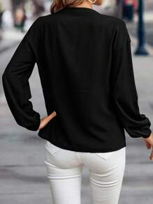 SHEIN LUNE 纯色前扣蕾丝边长袖上衣，休闲日常女式衬衫 - 黑色 - 查看 2