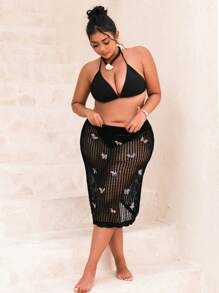 SHEIN Swim Curve 大码女式蝴蝶装饰简约日常罩衫夏季 - 黑色 - 查看 6