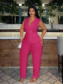 Slaydiva Plus Size Suit Vest & Full-Length Pants Solid Color Two-Piece Set - Pink - View 3