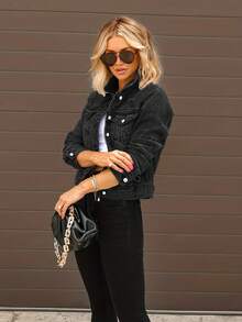 时尚女式黑色牛仔夹克，采用破洞细节领口、长袖和实用纽扣和口袋，非常适合休闲装 - 深灰色 - 查看 3