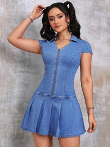 SHEIN EZwear Women's Collared Zipper Tight Pleated Short Sleeve Denim Dress - Medium Wash - View 3