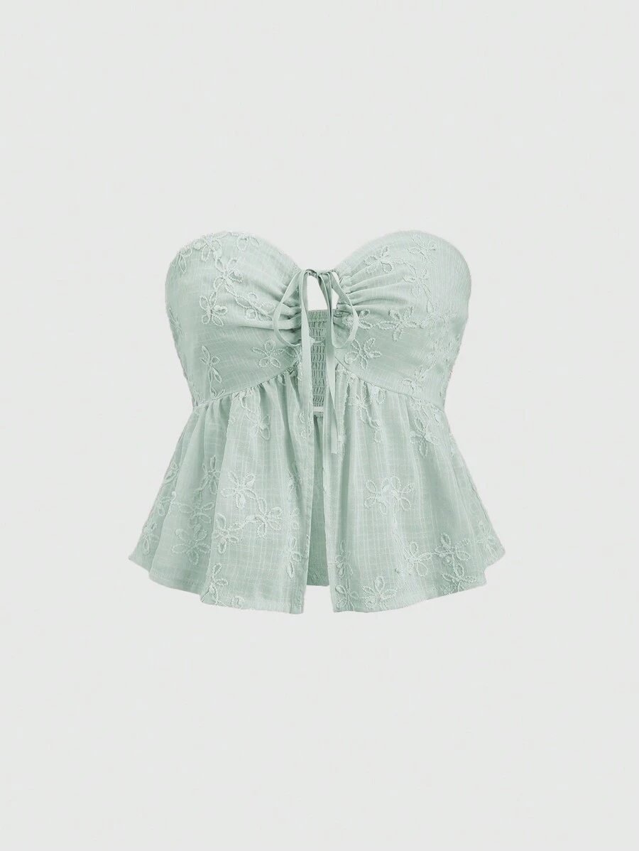 Sweetra Ladies' Summer Floral Dark Pattern Bandeau Top With Ruffle Hem And Front Tie - Green - View 1