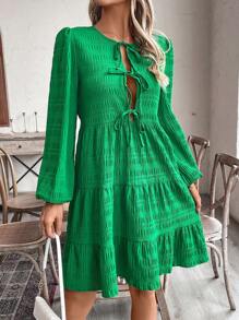 SHEIN Clasi 时尚休闲简约蝴蝶结纹理泡泡袖长袖迷你连衣裙 - 綠色 - 查看 6