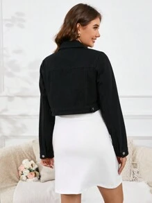 SHEIN Maternity Front Buttoned Pocket Long Sleeve Short Denim Jacket, Casual Daily Wear