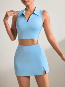 SHEIN Sport Studio Women's Simple Collared Crop Top And Split Hem Skort Sports Set Workout Women Set