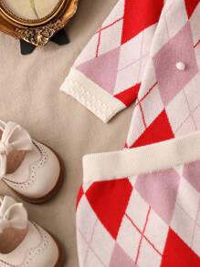 This Unique Design Baby Girls' Outfit For Autumn And Winter Features A Hand-Crocheted Diamond-Shaped Floral Pattern, Which Presents A Playful And Lovely Style. The Set Includes Shorts And A Long-Sleeved Top, Suitable For Outerwear In Autumn And Winter, Both Warm And Stylish. The Simple Style Shows A Sweet Atmosphere, Soft Material And Loose Design, Making The Baby More Comfortable To Wear. The Sweater Has Good Warmth Retention And Can Keep The Baby Warm In Cold Weather. The Overall Outfit Not Only Has The Characteristics Of Cute And But Also Shows The Combination Of Comfort And Fashion. It Is An Ideal Choice For Babies' Daily Wear, Allowing Them To Maintain A Fashionable And Innocent Image While Being Comfortable. - Red - View 5