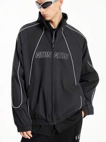 Manfinity VCAY Men's Street Style Woven Jacket With Ripped Holes, Reflective Stripes, Stand Collar, Zipper Front, Logo Ink Print, Long Sleeve, Suitable For Autumn And Winter - Black - View 5