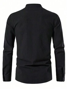 Camisa de manga larga con cordones frontales para hombre, otoño - Negro - Ver 2