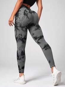 Easithlete 扎染健身紧身裤 收腹运动紧身裤 健身紧身裤 瑜伽裤 女款 - 深灰色 - 查看 2