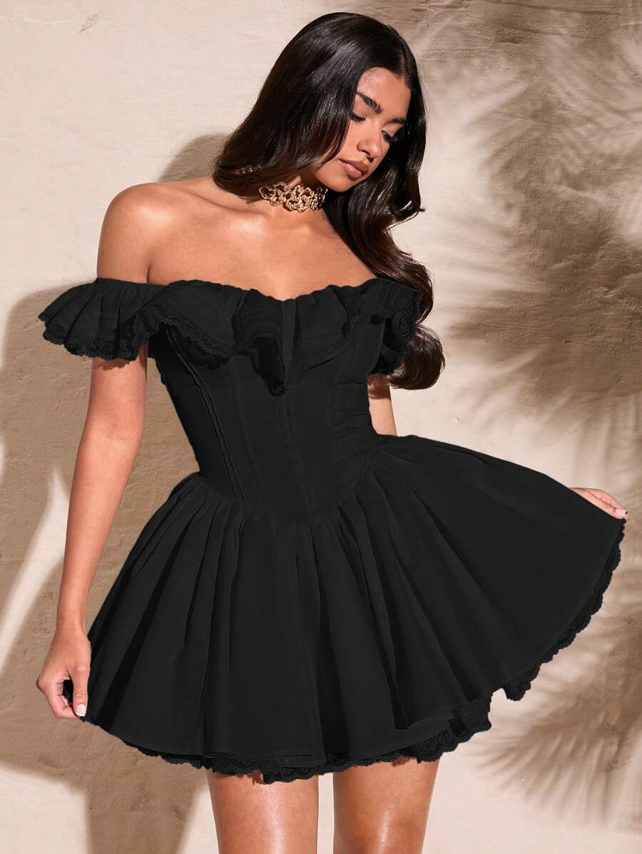 SHEIN BAE Mùa Hè Trắng Gợi Cảm Ngọt Ngào Lệch Vai Ren Cánh Hoa Tay Màu Xù Áo Viền Ren Người Yêu Đầm Nữ - màu đen - Xem 1