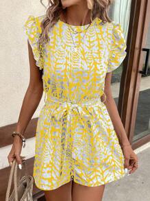 SHEIN LUNE Women's Round Neck Flounce Edge Allover Print Jumpsuit With Elastic Waistband, Suitable For Leisure Vacation - Mustard Yellow - View 3
