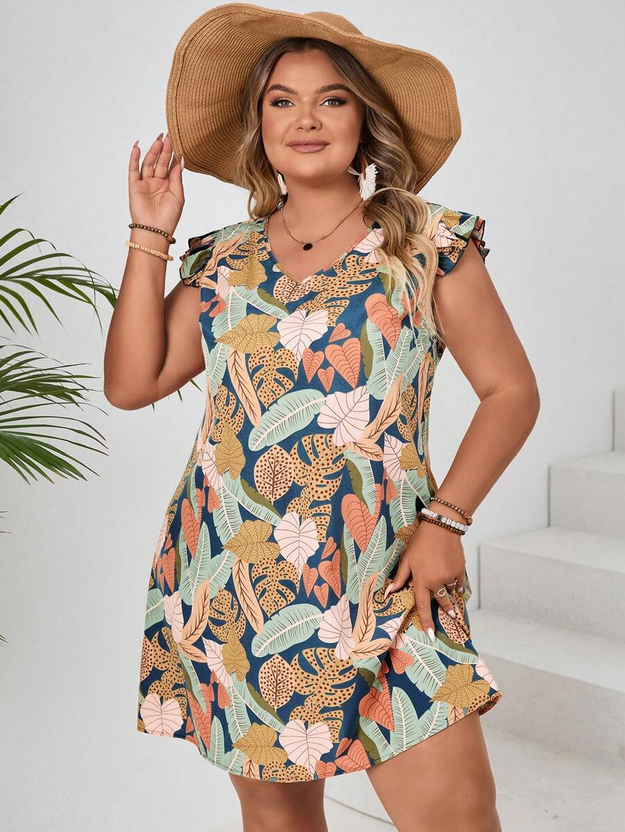 SHEIN VCAY 大尺寸女士花卉印花裙子,具有荷葉邊裝飾 - 彩色 - 查看 1