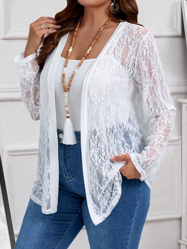 EMERY ROSE Plus Size White Lace Long Sleeve Sun Protection Jacket For Summer