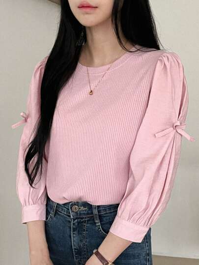 DAZY Chemise à manches longues col rond pour femme avec nœud papillon, blouse douce et délicate pour petite amie, hauts à manches longues