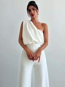Firerie Macacão branco feminino, simples e elegante com um ombro só e pernas largas, ideal para férias - Branco - Visão 2
