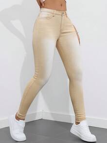 SHEIN Essnce Quần denim nữ Slim Fit thông thường và đa năng có túi - Màu Khaki - Xem 4