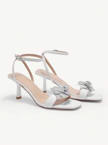 CUCCOO CHICEST White Square Toe Stiletto High Heel Sandals With Rhinestone Flower Design For Women Halloween - White - View 3