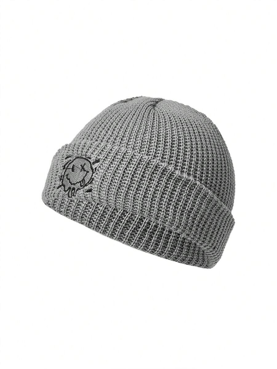 XYZ Studio 艺术家运动街头风个性化笑脸刺绣针织帽，男士款，节日，冬季 - 灰色 - 查看 1