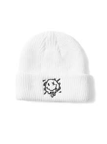 XYZ Studio 艺术家运动街头风男士针织帽，饰有个性化刺绣笑脸图案，适合节日和冬季佩戴 - 白色 - 查看 4