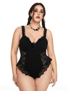 ROMWE Plus Size Ultra Sexy Lace 3D Rose Bodysuit - Black - View 1