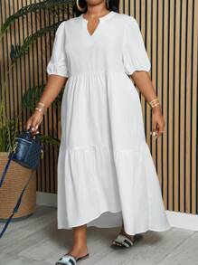 Slaydiva Plus Size Đầm chữ A kiểu dáng babydoll màu trắng thanh lịch & giản dị có miếng vá nhiều lớp, tay áo ngắn kiểu đèn lồng và viền bất đối xứng, vải dệt mỏng cho nữ, Xuân & Hè - Z - trắng - Xem 3