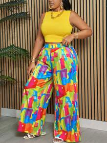 Slaydiva Plus Size Elegant & Holiday Casual Net Yellow Sleeveless Vest And Wide Leg Pants, Color-Blocked Tie Dye Printed Women's 2-Piece Set, Pride, Summer,Holiday Outfits - Yellow - View 5