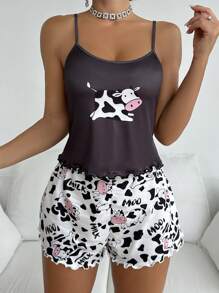 Conjunto de pijama con camiseta Sin mangas y Shorts con estampado de vaca lindo