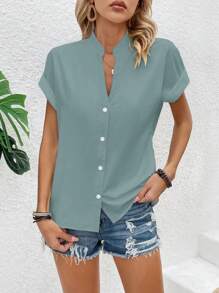 SHEIN LUNE Women's Vacation Leisure Solid Color Notch Neck Shirt - Mint Green - View 3